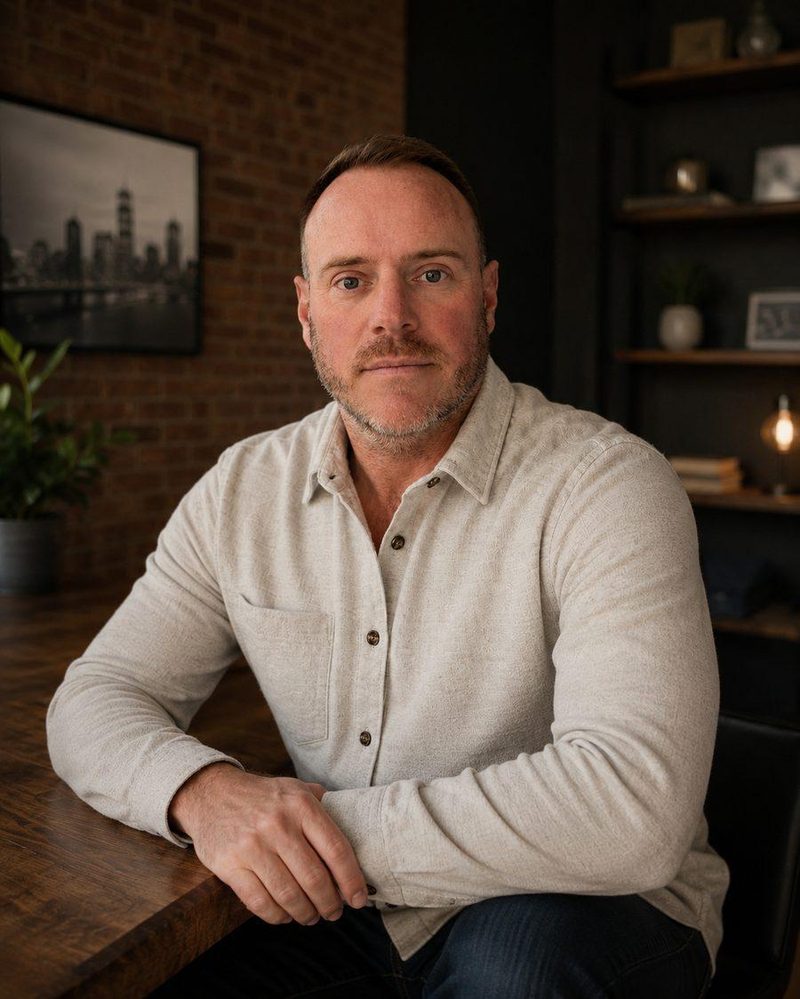 Mic Foster, founder of Tandem Operating Co., seated at a wood bar top